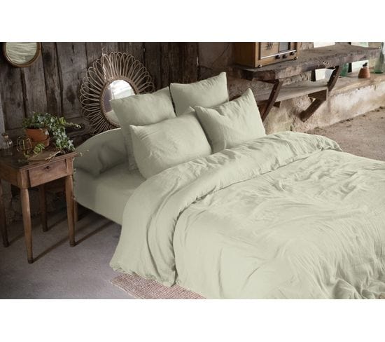 Housse De Couette Double Gaze Coton Gaia Vert D'eau 260x240cm