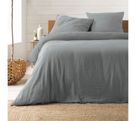 Housse De Couette + 2 Taies Double Gaze De Coton Angeliase 240x260cm Gris