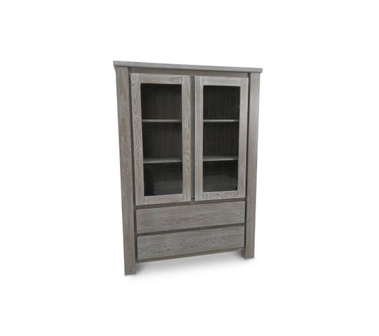 Vitrine 2 Portes 2 Tiroirs Bois Massif Gris - Gabriel