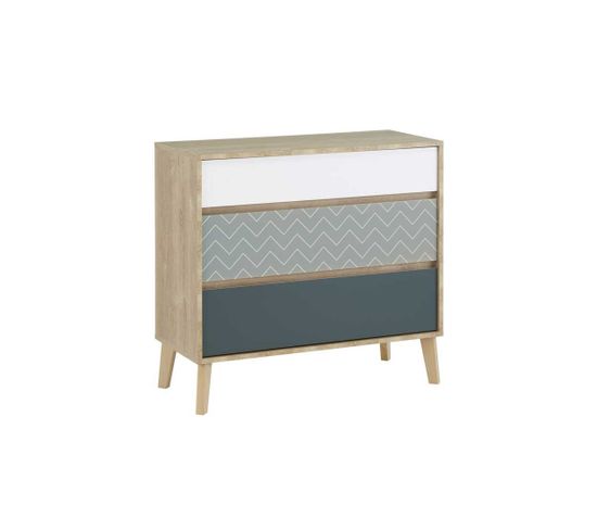 Commode 3 Tiroirs Chêne Blond/bleu/blanc - Esmey