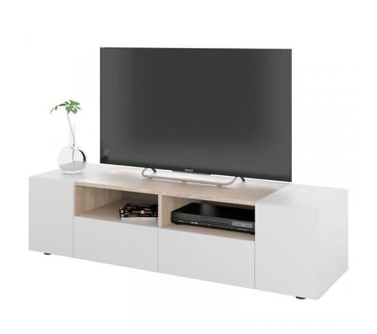 Meuble TV 4 Portes Blanc/chêne - Mikato - L 138 X L 42 X H 36 Cm