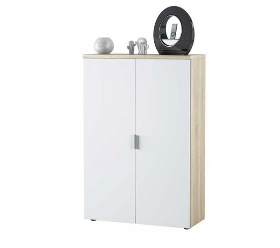 Armoire De Rangement 2 Portes Blanc/chêne - Officia - L 80 X L 32.5 X H 119 Cm