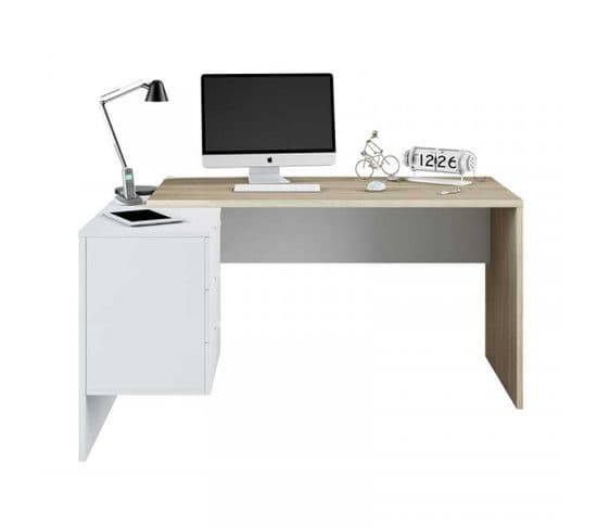 Bureau D'angle 3 Tiroirs + Niche Blanc/chêne - Officia - L 145 X L 108 X H 73 Cm