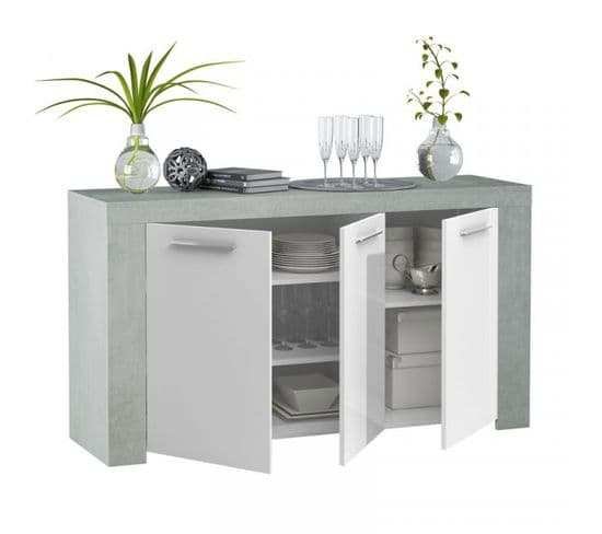 Buffet 3 Portes Blanc/béton Ciré Clair - Ruinui - L 144 X L 42 X H 80 Cm