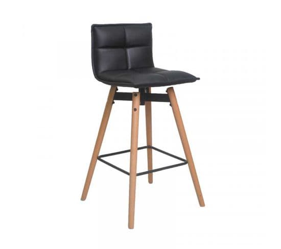 Tabouret De Bar Simili Cuir Noir/hêtre - Hectour - L 49.5 X L 49.5 X H 96.5 Cm