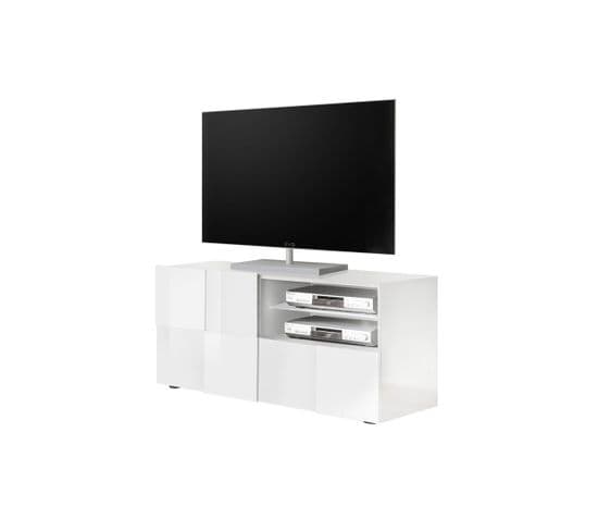 Meuble TV 1 Porte 1 Tiroir Laqué Blanc Brillant LED's - Ticato