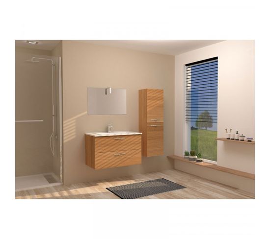 Ensemble Meuble De Salle De Bain Suspendu 2 Tiroirs 80 Cm Bois + Miroir + Colonne- Kundo