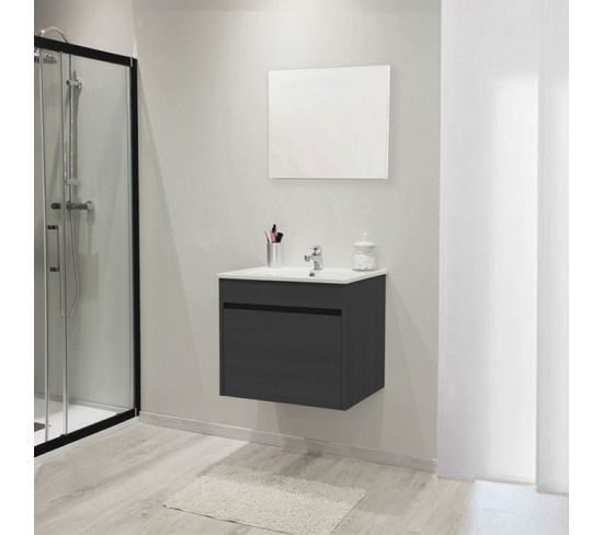 Meuble Sous Vasque Suspendu 2 Tiroirs 80 Cm Gris + Miroir - Asili - L 81.5 X L 46.5 X H 52 Cm