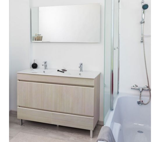 Meuble Double Vasque 2 Tiroirs 4 Portes 120 Cm Bois + Miroir - Bomba