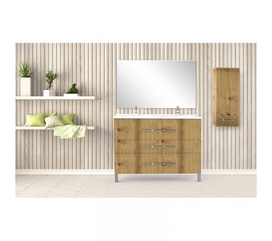 Ensemble Double Vasque 3 Tiroirs 120 Cm Chêne Rustique Avec Colonne Et Miroir - Lana