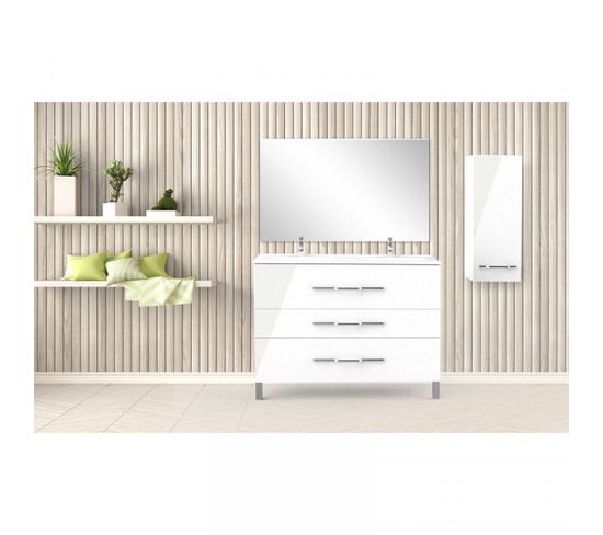 Ensemble Double Vasque 3 Tiroirs 120 Cm Blanc Avec Colonne Et Miroir - Lana