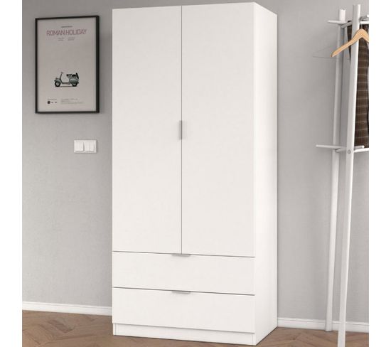 Armoire 2 Portes Et 2 Tiroirs Blanc - Wao - L 81.5 X L 52 X H 180 Cm