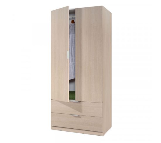 Armoire 2 Portes Battantes + 2 Tiroirs Chêne - Kamusi - L 81 X L 52 X H 180 Cm