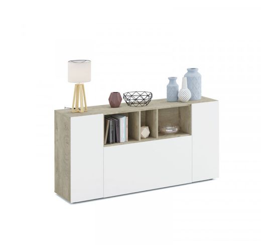 Buffet 3 Portes Blanc/chêne - Artica - L 150 X L 41 X H 76 Cm