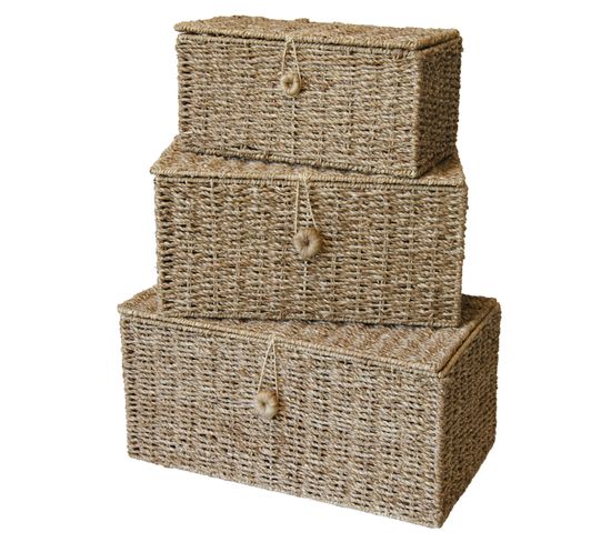 Lot de 3 paniers en jonc de mer 32x17x15cm 38x22x18,5cm 44x27x21cm