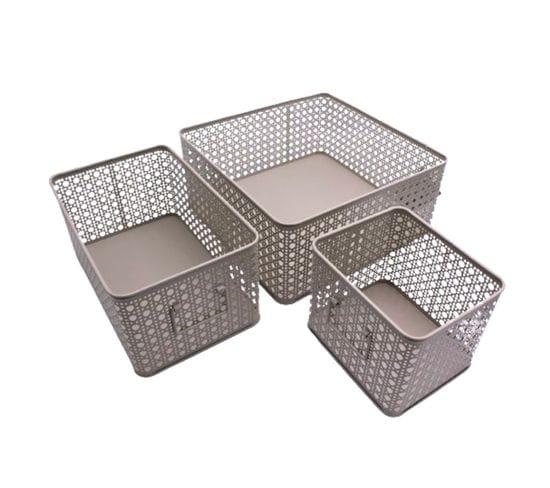 Lot de 3 paniers de rangement rectangulaires en métal cannage gris