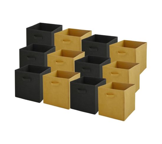 Lot de 12 bacs de rangement - noir et jaune - 27x27x27cm