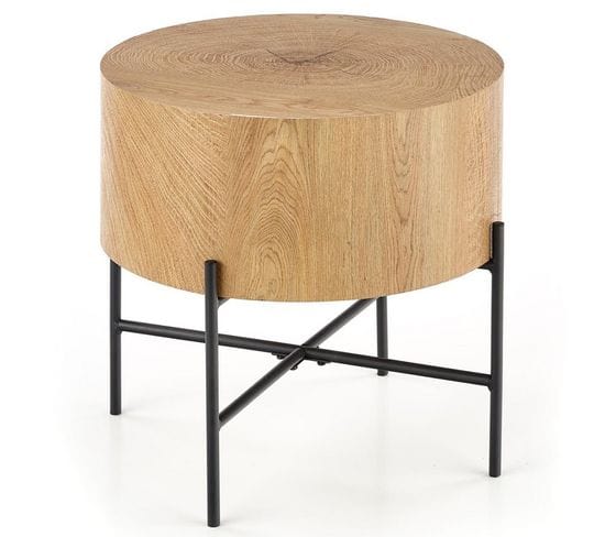 Table Basse Ronde 45 Cm Aspect Chêne Naturel Avec Structure Noire En Métal Tinia