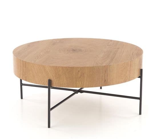 Table Basse Ronde 80 Cm De Diamètre Aspect Chêne Naturel Avec Structure Noire En Métal Tinia L