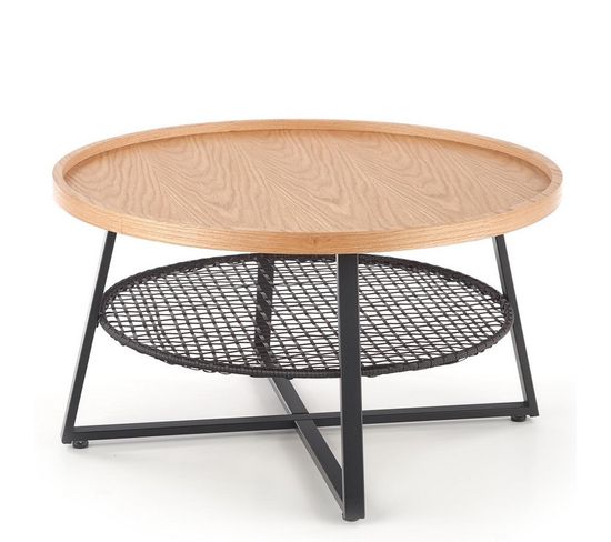 Table Basse Ronde 80cm Plateau Aspect Chêne Naturel Et Étagère En Rotin Synthétique Noir Wodan