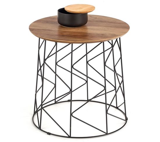 Table Basse Ronde 50cm Avec Plateau Style Noyer Et Structure Design En Acier Noir Sarah