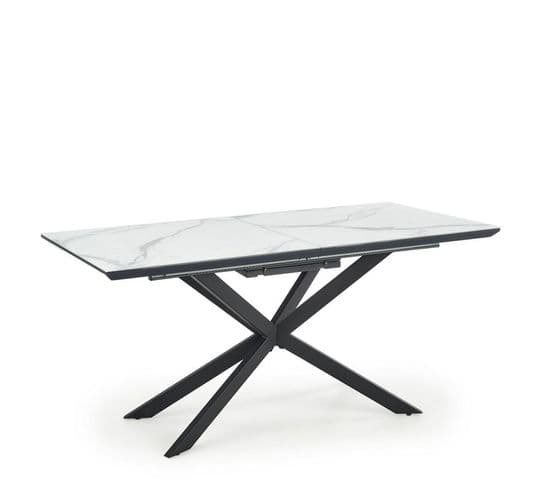 Table Salle à Manger Extensible Avec Plateau Aspect Marbre Et Pied Central En Métal Noir Oduna