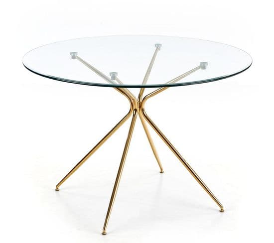 Table De Salle à Manger Ronde Avec Plateau Verre De 110cm Et Pied Métal Doré Around