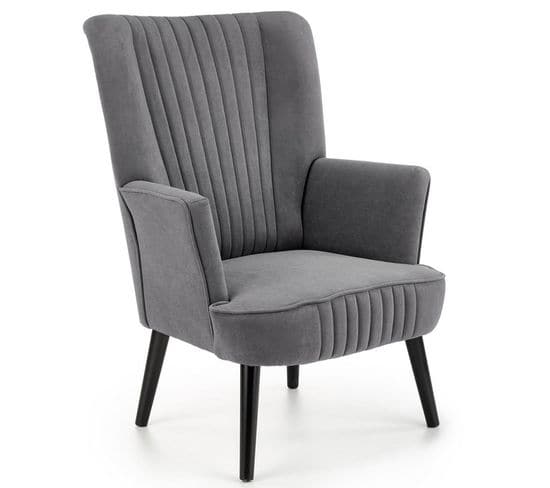 Fauteuil Contemporain En Velours Gris Avec Haut Dossier Et Pieds Noirs En Bois Massif Cyrus