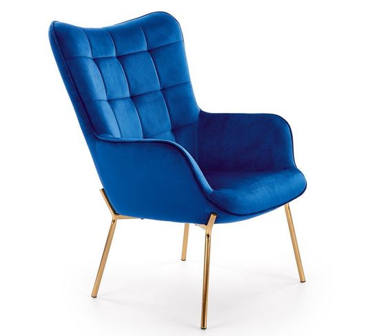 Fauteuil En Velours Bleu Avec Dossier Matelassé Et Pieds Dorés En Acier Center