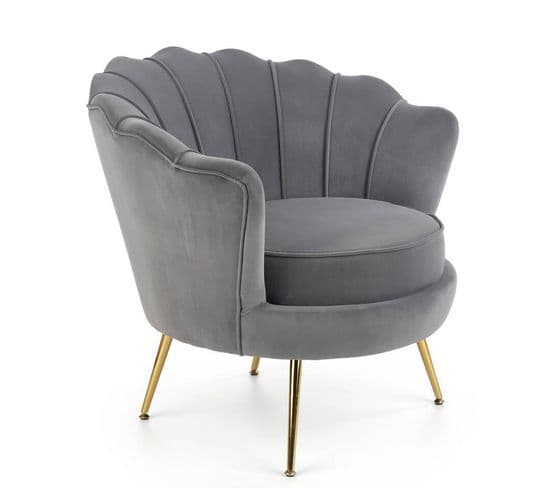 Fauteuil Coquillage En Velours Gris Avec Pieds Dorés Caprica