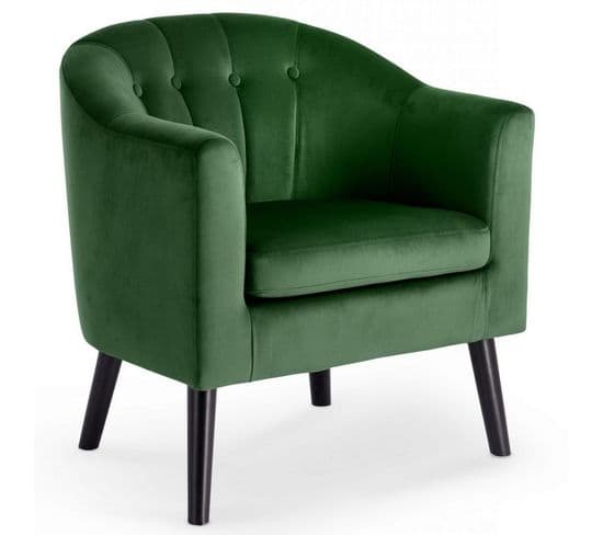 Fauteuil Avec Dossier Arrondi à Boutons En Tissu Vert Foncé Avec Pieds En Bois Peints En Noir Reno