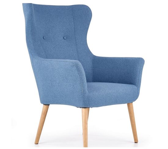 Fauteuil Rembourré En Tissu Bleu Avec Dossier Haut Et Pieds En Bois De Caoutchouc Wish