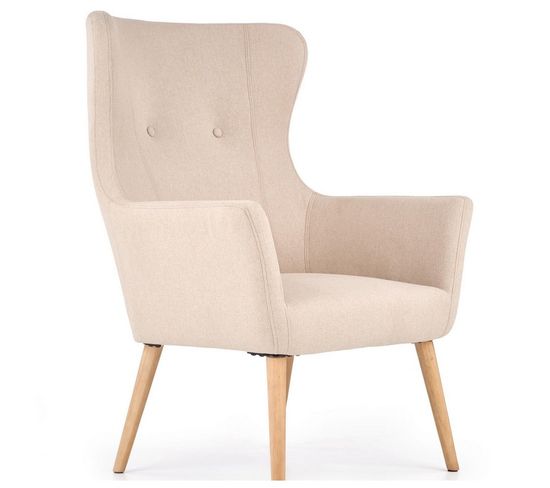 Fauteuil Rembourré En Tissu Beige Avec Dossier Haut Et Pieds En Bois De Caoutchouc Wish