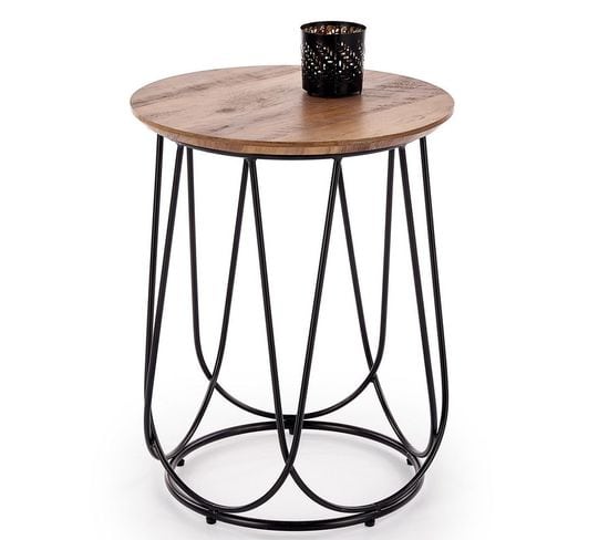 Table D'appoint Ronde Avec Plateau Aspect Noyer Et Piètement Design En Acier Noir Bocage