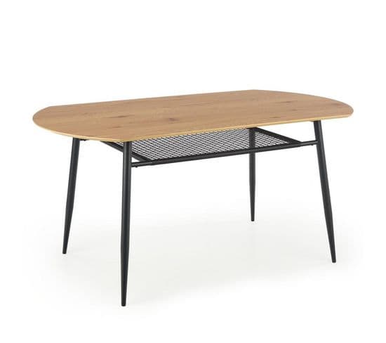 Table De Salle à Manger Aspect Chêne Doré Avec Étagère En Rotin Et Pieds En Métal Noir Cebren