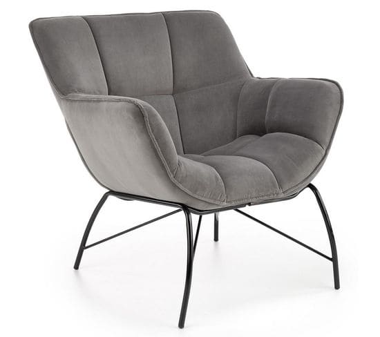 Fauteuil Contemporain En Velours Gris Avec Pieds Design En Métal Noir Briac