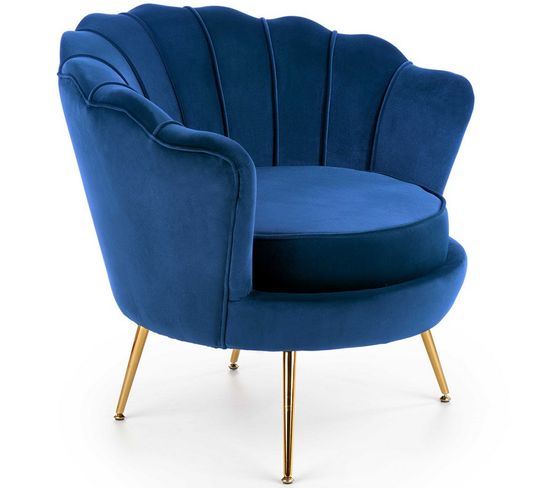 Fauteuil Coquillage En Velours Bleu Avec Pieds Dorés En Métal Caprica