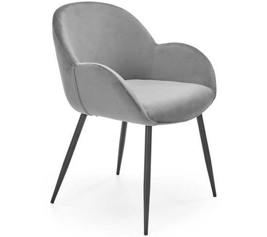 Chaise Contemporaine En Velours Gris Avec Accoudoirs Et Pieds En Métal Noir Dove