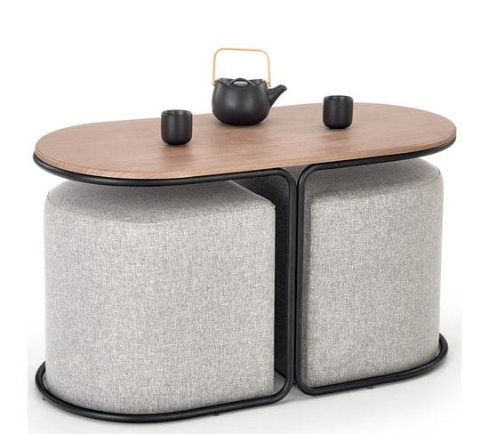 Ensemble Table Basse Et Deux Poufs En Tissu Gris Urso