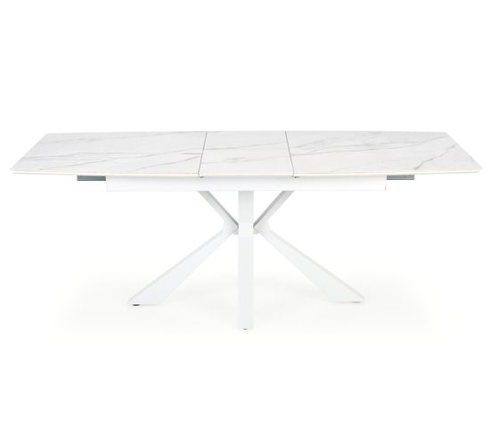 Table Extensible Contemporaine Avec Plateau Aspect Marbre Et Pied Central Design Blanc En Métal Horn