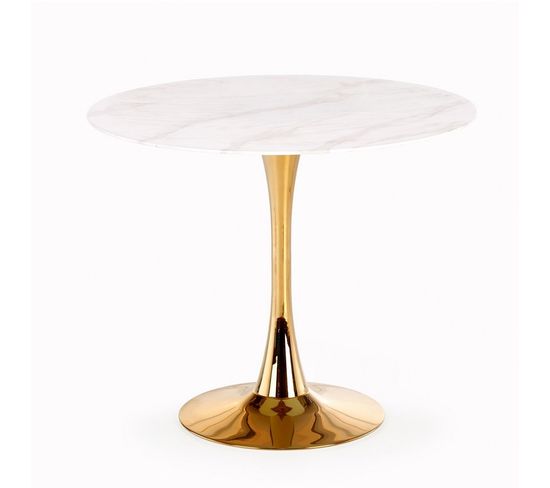 Table Ronde Avec Plateau En Verre Aspect Marbre Blanc Et Pied Central En Acier Doré Bootis