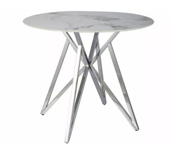 Table à Manger Ronde 90 Cm Aspect Marbre Blanc Avec Pied En Métal Chromé Persei