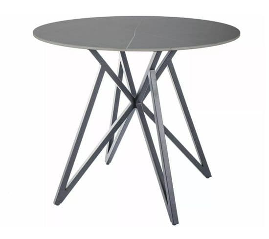 Table à Manger Ronde 90 Cm Aspect Marbre Gris Avec Pied En Métal Noir Mat Persei