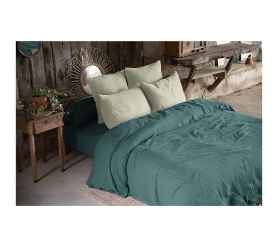 Housse De Couette Double Gaze De Coton 240x220 Cm 2 Taies Bleu/vert