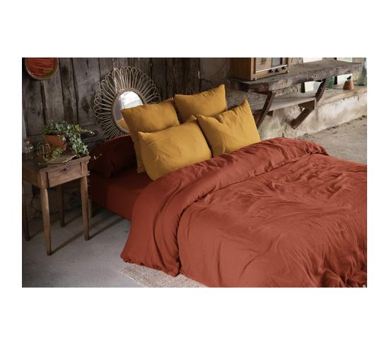 Housse De Couette Double Gaze De Coton 240x220 Cm 2 Taies Terracotta/safran