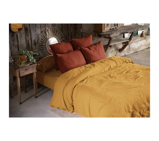 Housse De Couette Double Gaze De Coton Bio 240x220 Cm 4 Taies Safran/terracotta