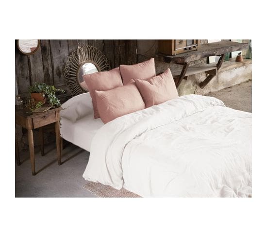 Housse De Couette Double Gaze De Coton Bio 240x220 Cm 4 Taies Blanc/rose