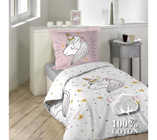 Housse De Couette Enfant 140 X 200 Cm Coton + 1 Taie Licorne Liliro