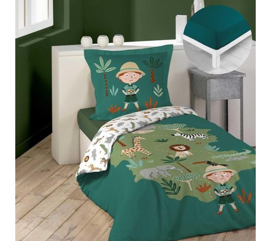 Pack Parure De Couette Enfant 140x200 Cm Leo + Drap Housse 90x190 Pétrole