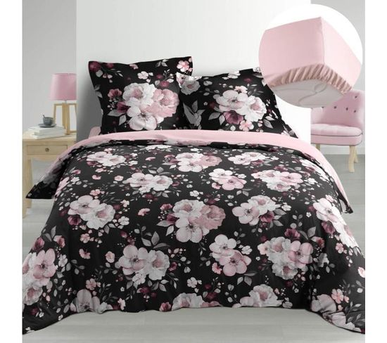 Pack Housse De Couette  220x240 Cm Percale Luxe Flower Noir + Drap Housse 140x190 Rose